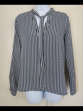 Zara Navy and White Vertical Stripe Tie-Detail Blouse